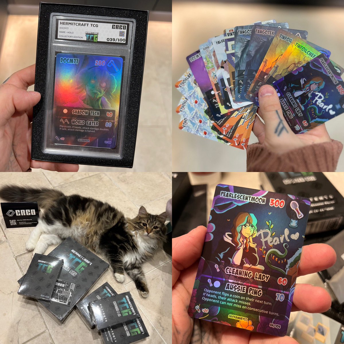MartinNilsMoore's tweet photo. Had a great time opening my HC TCG packs, huge congrats to @VintageBeefLP 
I pulled 4 holos, a SIGNED @PearlescentMoon, Tango of the Tek variety @TangoTekLP, 2 of the late great TFC and the goatfather himself @docm77 collectors edition! 

Trades? HMU ❤️ https://t.co/DH4wQwssdf