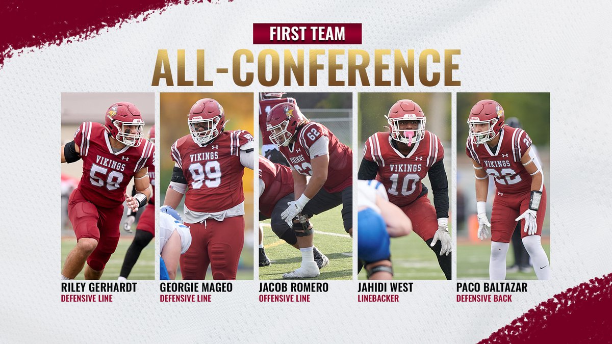 NSAA 🏈 1st Team All-Conference!
👇
Jacob Romero, OL
Riley Gerhardt, DL
Georgie Mageo, DL
Jahidi West, LB
Paco Baltazar, DB

Congrats, guys!
#VikingPride