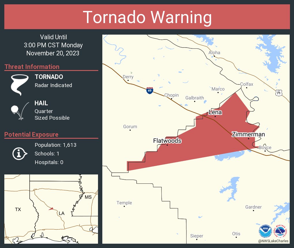 Tornado Warning continues for Flatwoods LA, Zimmerman LA and Lena LA until 3:00 PM CST