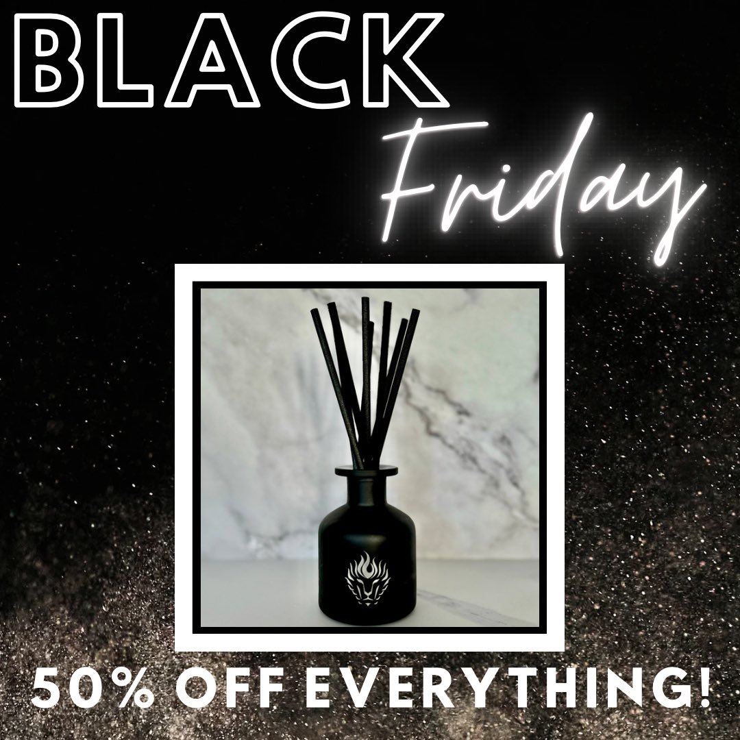 Our biggest sale of the year is here! Enjoy 50% off everything! #blackfriday #thelionsdencandlecompany #soycandles #reeddiffuser #waxmelts