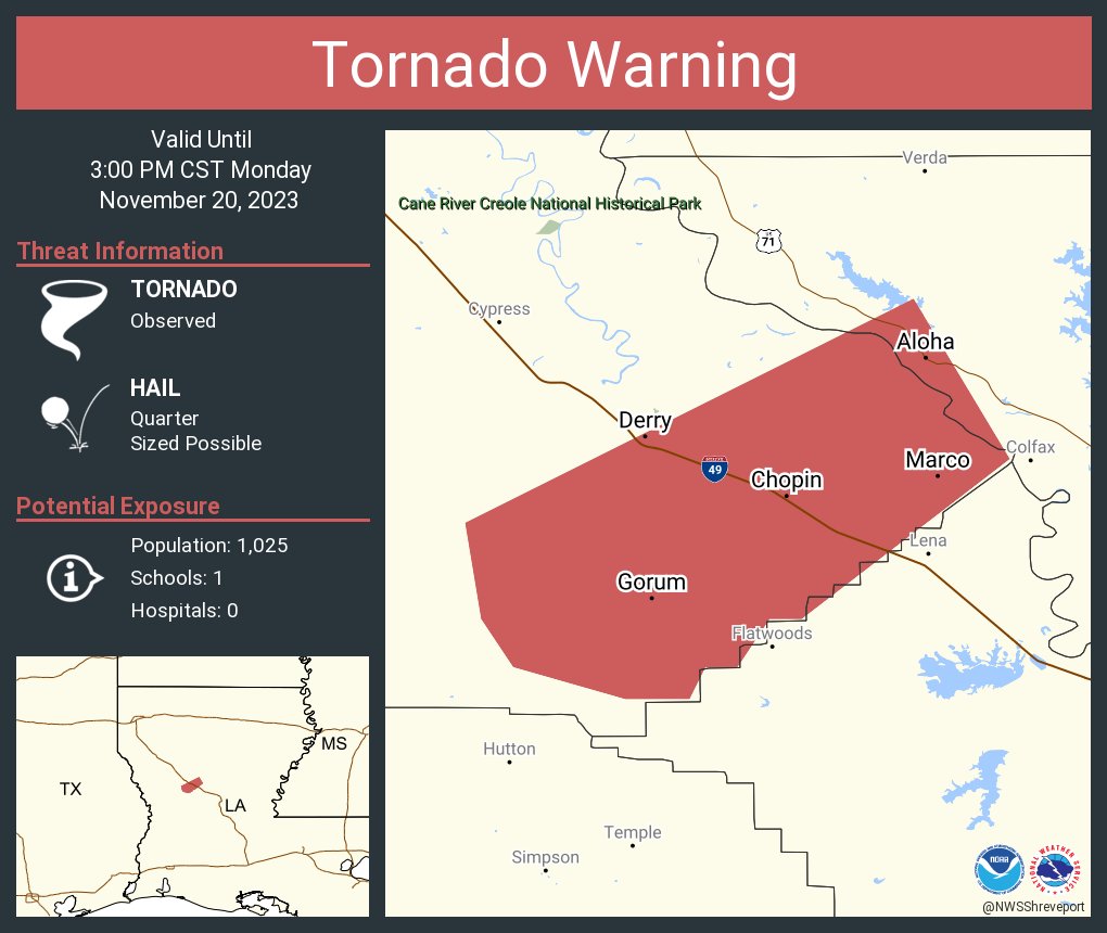 Tornado Warning continues for Marco LA, Chopin LA and Galbraith LA until 3:00 PM CST