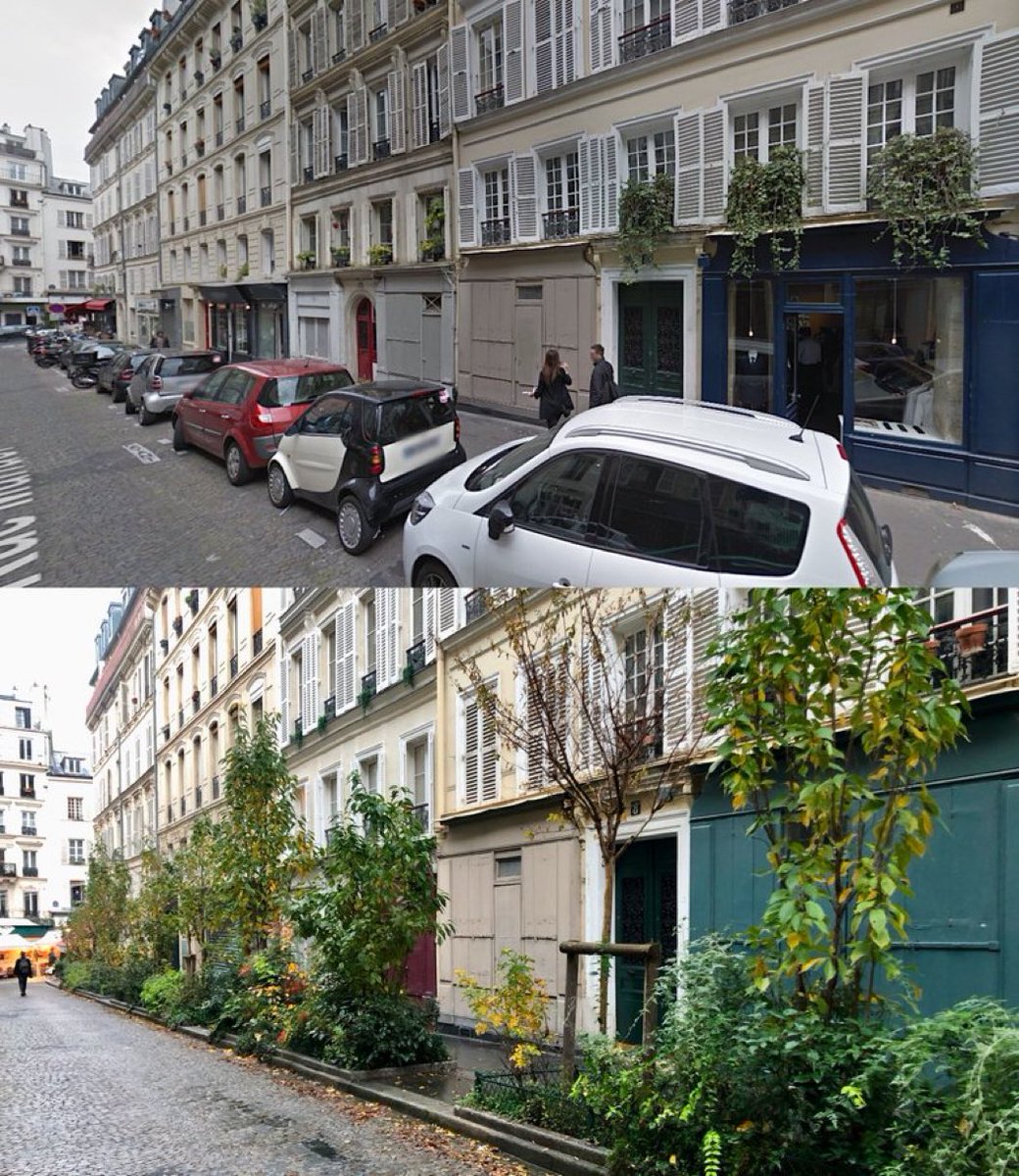 La alcaldesa de París ha decidido con buen criterio que esta calle debe ser para disfrute de todo el que pasa por ella y no sólo para parking de (literalmente) ocho vecinos. Se llama gobernar para la gente.