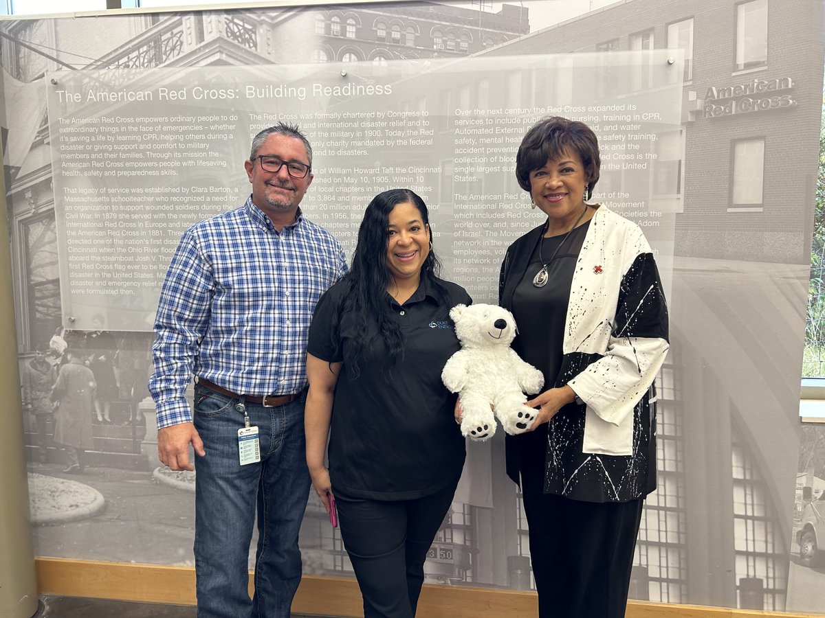 It’s always a great day when your ⁦<a href="/DukeEnergy/">Duke Energy</a>⁩ colleagues Marc Arnold and Sara Jackson present ⁦<a href="/CinRedCrossES/">Cincy Red Cross-E.S.</a>⁩ CEO Stephanie Byrd with 110 stuffed teddy bears to help ease kids tension when they are responding to emergencies. #powerfulcommunities