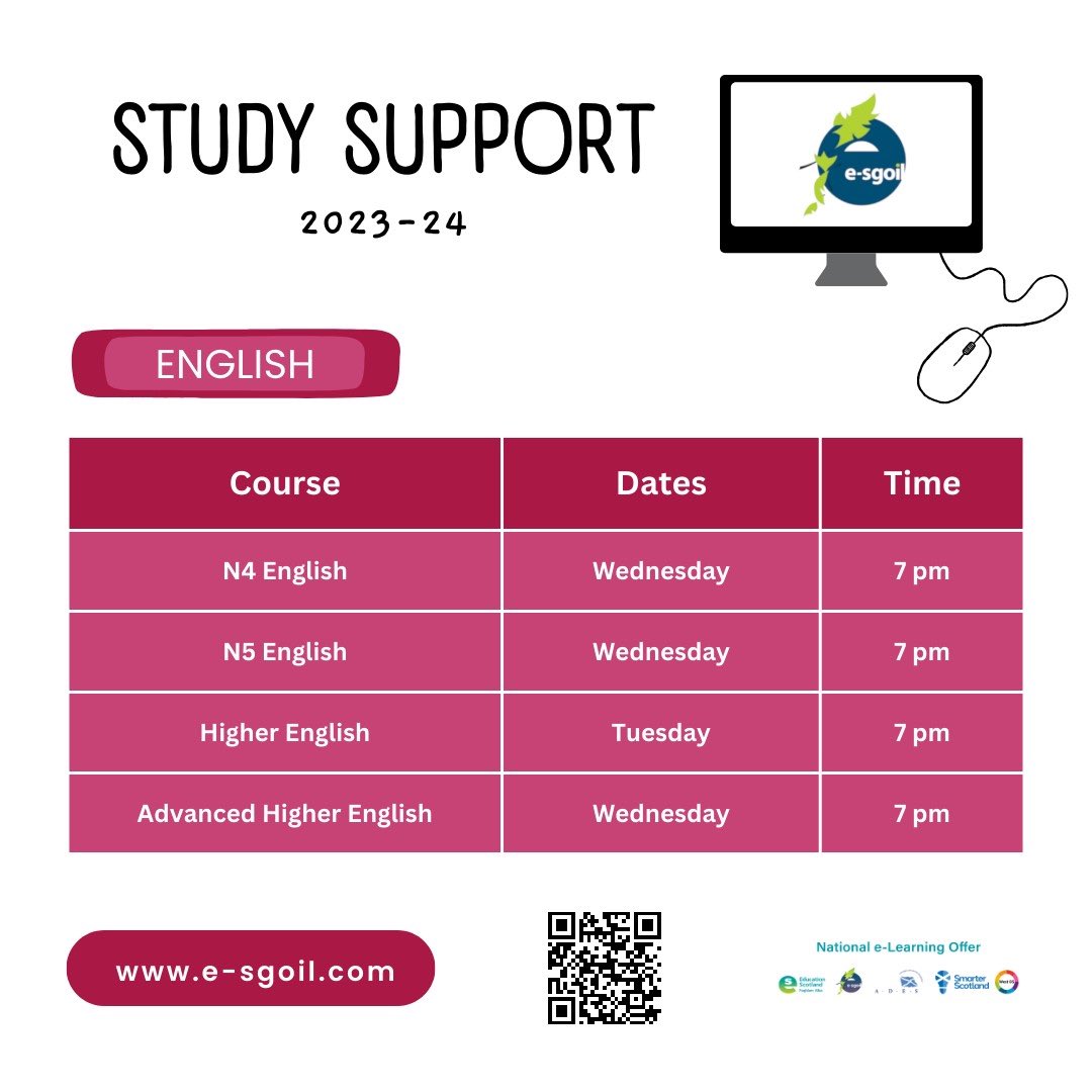 E-sgoil English support timetable below covering all levels. 😎