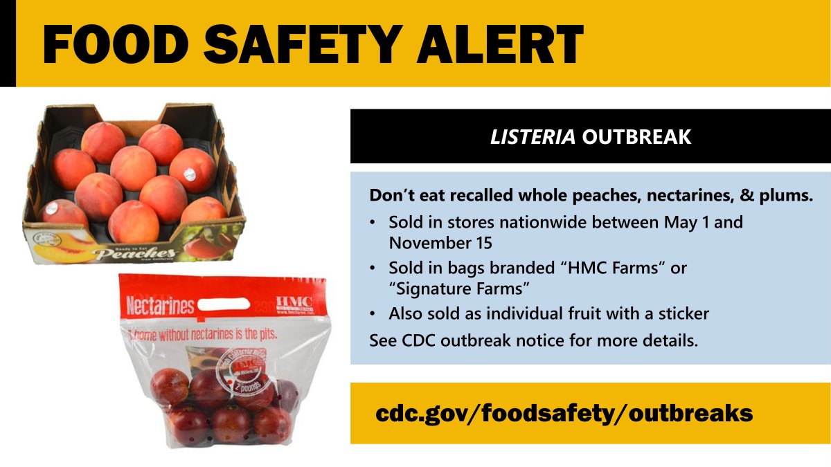 LISTERIA OUTBREAK: 11 people sick in 7 states. Check your kitchen, including your refrigerator and freezer, for any recalled whole peaches, nectarines, and plums. Don’t eat them. Throw them away or return them: bit.ly/3R7c7MB