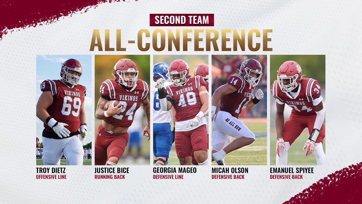 NSAA 🏈 2nd Team All-Conference
⬇️
Troy Dietz, OL
Justice Bice, RB
Georgia Mageo, DL
Micah Olson, DB
Emanuel Spiyee, DB

Congratulations!
#VikingPride