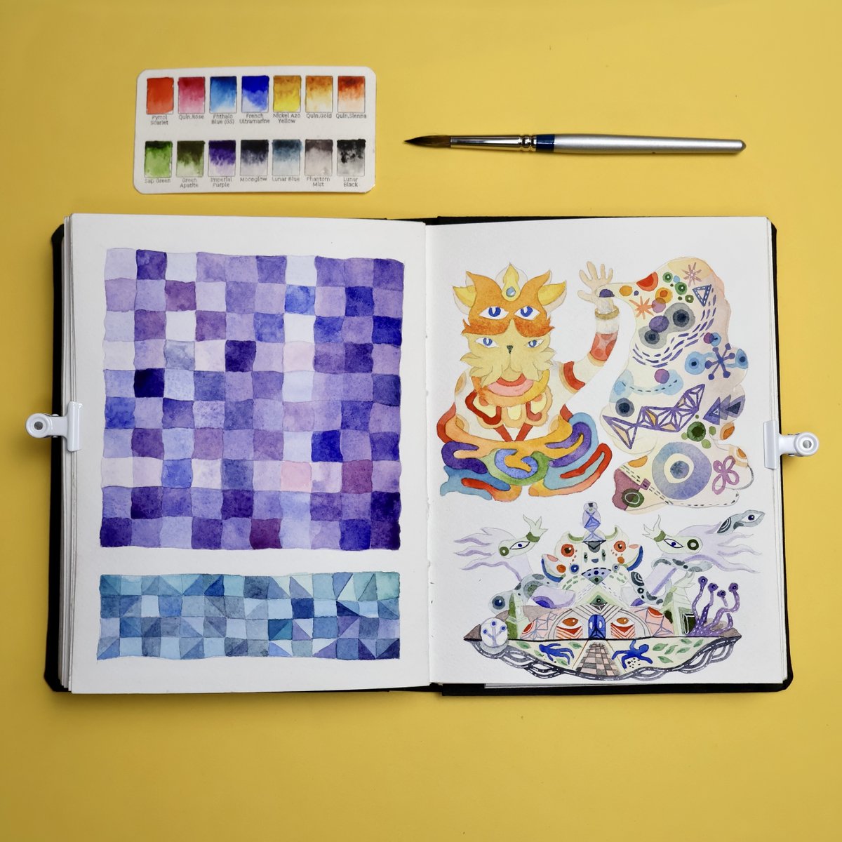 More contrasting pages between grids and illustrations. I increased the line “wobble” on the grids and it makes it look like quilted fabric which I like. I had fun doodling the shapes coming out of the cat’s hand.
Also really digging that "Imperial Purple" by #DanielSmith
