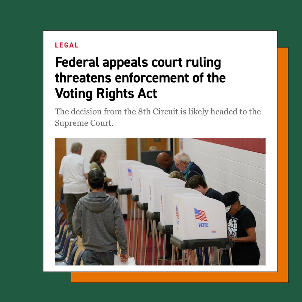 intrfthalliance's tweet photo. We are deeply concerned by today's ruling from the #8thCircuit, which guts a key path for enforcing the Voting Rights Act, further limiting the reach of crucial protections for people of color.. The right to vote is sacred. We'll continue to fight for equal voting rights for all. https://t.co/62h3WAOXXL