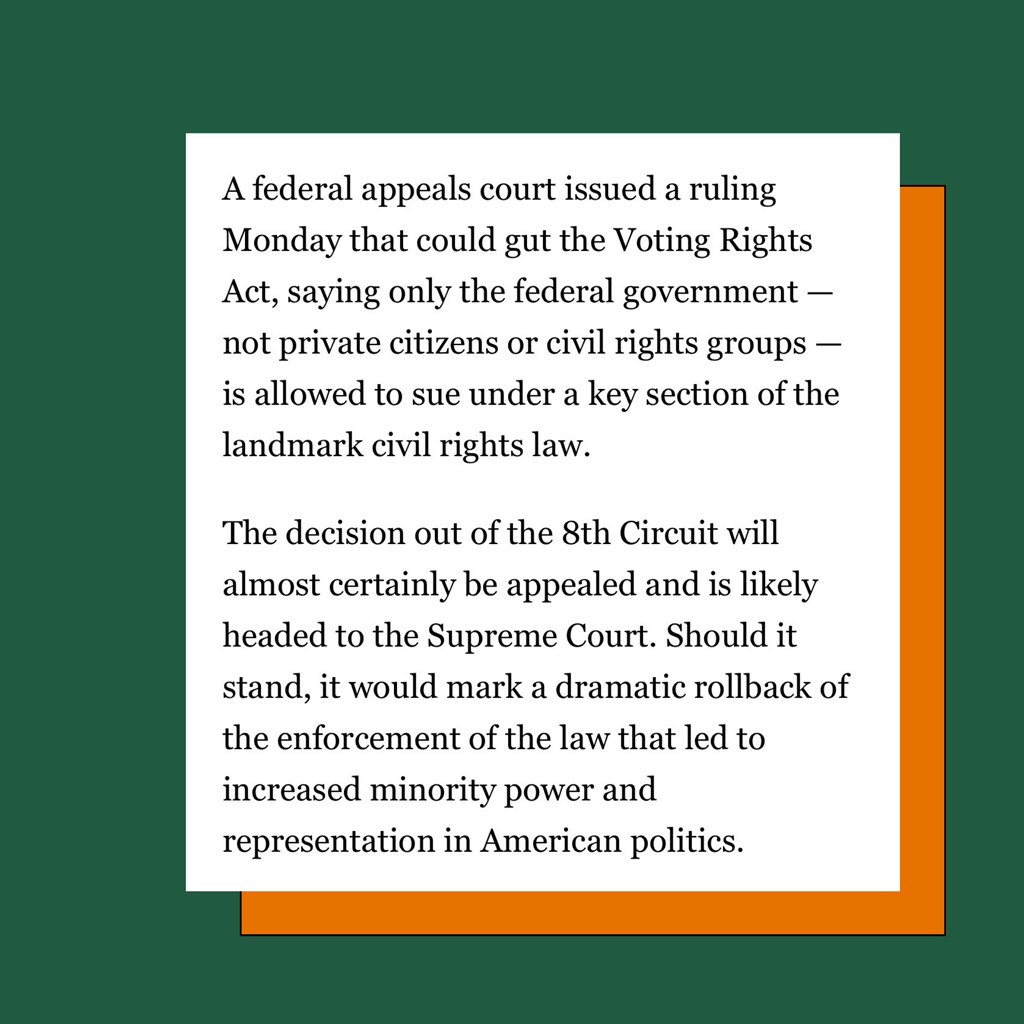intrfthalliance's tweet photo. We are deeply concerned by today's ruling from the #8thCircuit, which guts a key path for enforcing the Voting Rights Act, further limiting the reach of crucial protections for people of color.. The right to vote is sacred. We'll continue to fight for equal voting rights for all. https://t.co/62h3WAOXXL