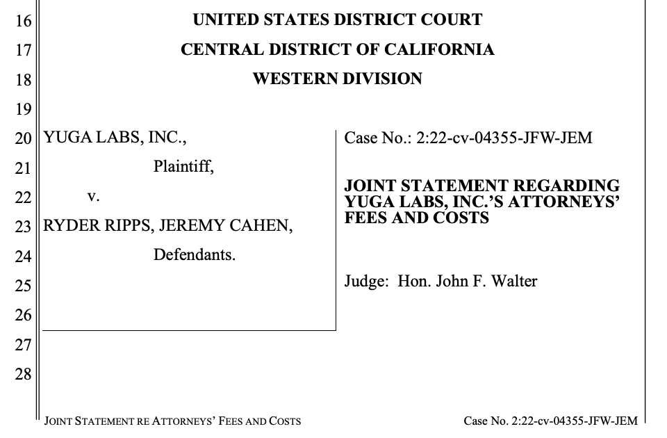 NeerMcD's tweet image. Yuga Labs v. Ryder Ripps et al - Joint Statement re Yuga Labs' Attorneys' Fees and Costs

The parties were unable to reach a compromise. 

Yuga Labs requests $7,795,639.00, which includes attorney fees, costs/expenses, and expert fees

Defendants counter $455,172.24 is reasonable