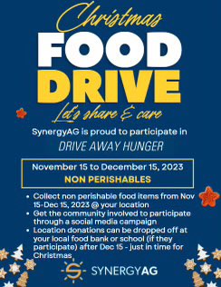 Drop off your non perishable food items today to help drive away hunger!
#rootsyoucancounton #synergyag