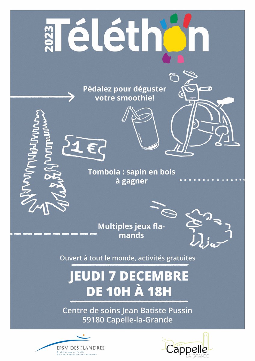 [#mobilisation #soutien #solidarite #Telethon2023]
Vous êtes toutes et tous invités à vous mobiliser pour soutenir les malades atteints de myopathie ou de maladies apparentées et leurs familles, le jeudi 7/12 prochain au centre de soins Jean-Baptiste Pussin de l'<a href="/EpsmFlandres/">EPSM DES FLANDRES - GHT Psy NPdC</a>