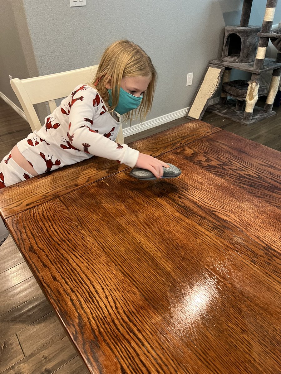 Bought this peppermint multi-surface spray and Emmy is happily cleaning the dining table. “Smells like Christmas!” #ParentHack
