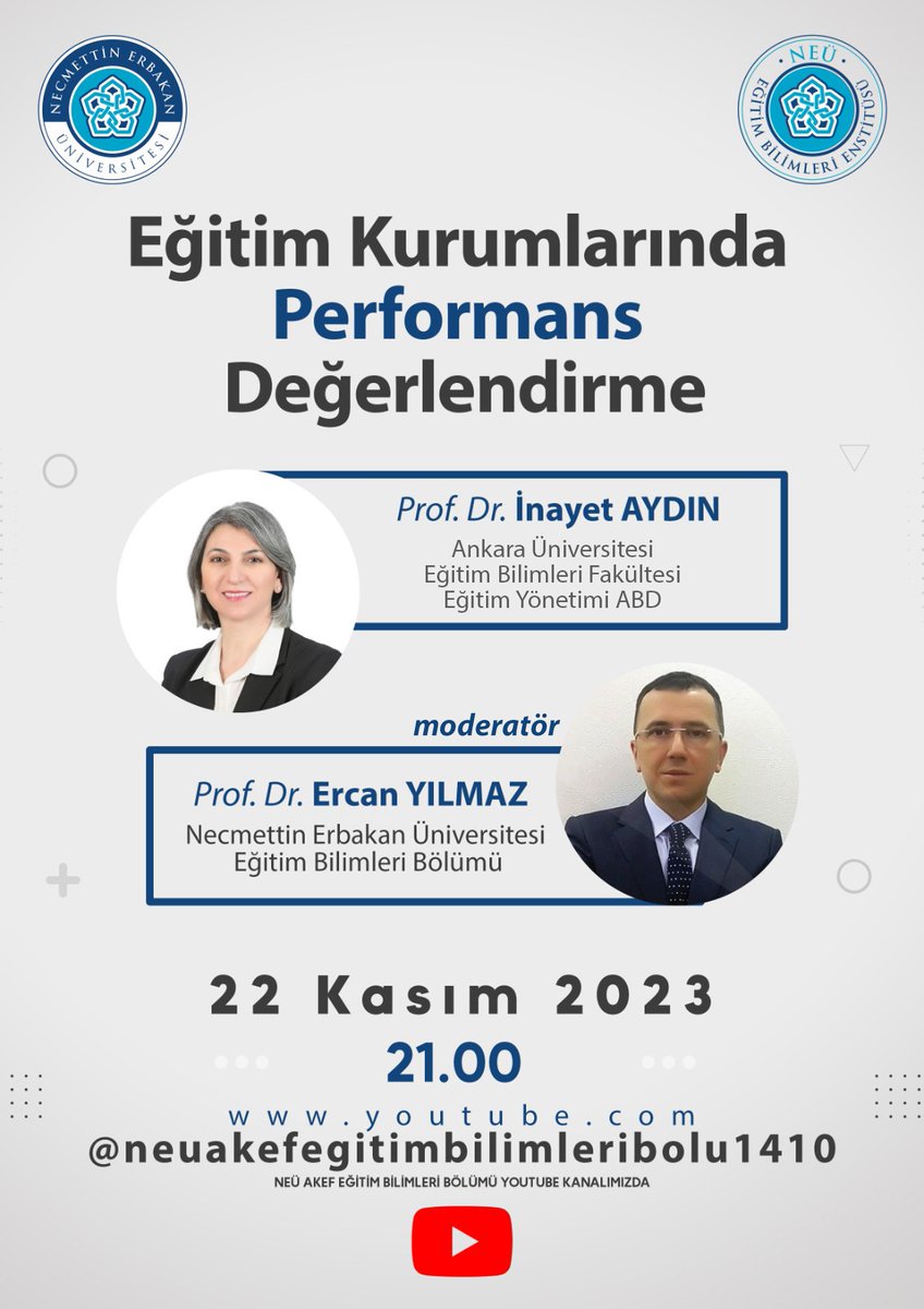 🎓 Eğitimde kalitenin izini sürüyoruz! 'Eğitim Kurumlarında Performans Değerlendirme' konulu etkinliğimizde Prof. Dr. İnayet AYDIN'ın derinlemesine bilgileriyle ışık tutacağı bir akşam için 22 Kasım 2023, saat 21.00'de sizlerle buluşmayı bekliyoruz. @bunyaminaydin63 @CemZorlu