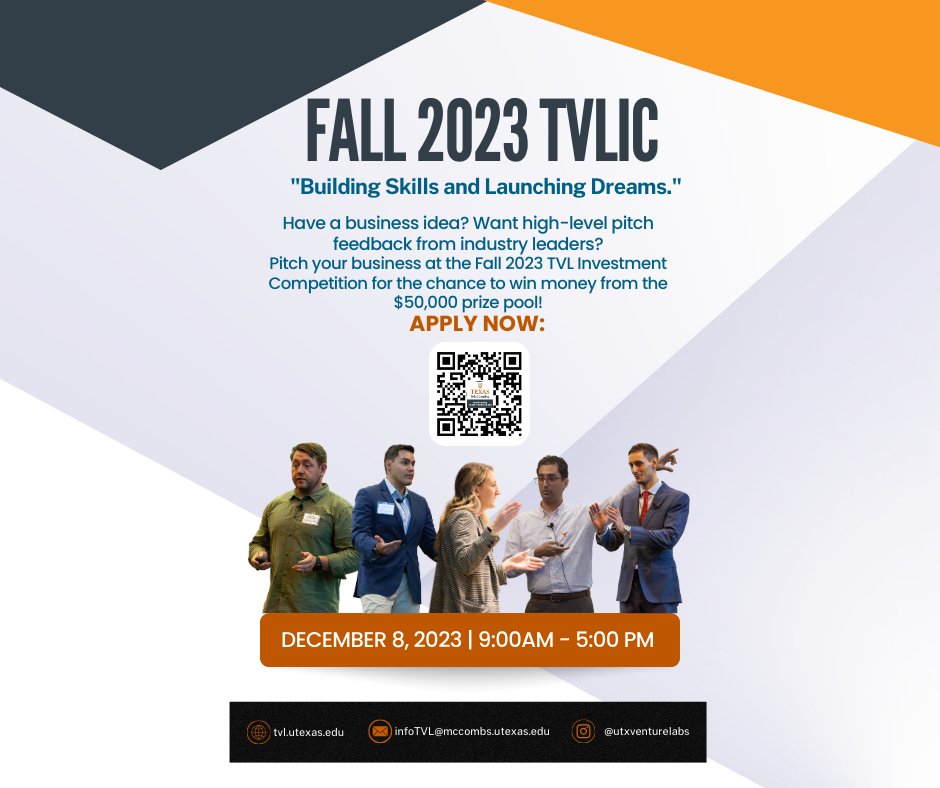 TXVentureLabs's tweet photo. The deadline to apply for TVLIC is quickly approaching!  Apply at: https://t.co/iQomSD7BsF by Nov 26th!

#JBTVL #WhyMcCombs #UTAustin https://t.co/dPz4Yn47kP