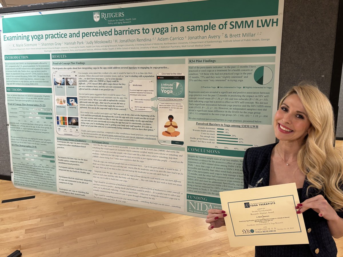 Congratulations to <a href="/DrMarieSizemore/">K. Marie Sizemore, PhD, RYT</a>, faculty member at IFH's Center for Population Behavioral Health &amp; assistant prof <a href="/RWJMS/">Rutgers RWJMedSchool</a>, for presenting research &amp; winning a poster award 🌟 at the Symposium on Yoga Research <a href="/iaytorg/">IAYT</a>! 🧘‍♀️
⤷ cpbh.rutgers.edu/marie-sizemore…