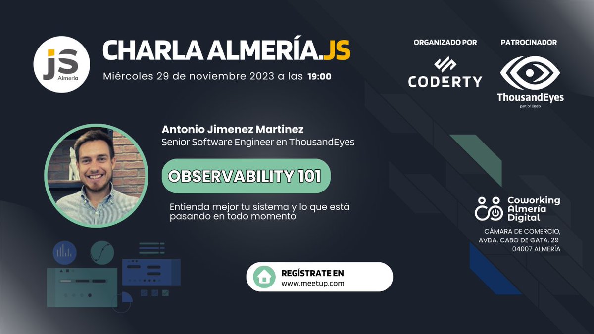 ¡It's tiiiime! ¡Volvemos para otra charla presencial #AlmeríaJs!

🎙️ <a href="/ajimenez1503/">Antonio Jimenez</a> nos hablará de 𝗢𝗯𝘀𝗲𝗿𝘃𝗮𝗯𝗶𝗹𝗶𝗱𝗮𝗱 𝟭𝟬𝟭.
🗓️ miércoles 29/11/2023 a las 19.00
🔗 bit.ly/40NPtfx

Organiza <a href="/CodertyStudio/">Coderty</a> 
🙏 <a href="/CamaraAlmeria/">Cámara de Comercio de Almería</a>, ¡y a <a href="/thousandeyes/">Cisco ThousandEyes</a> por las 🍻🍕!