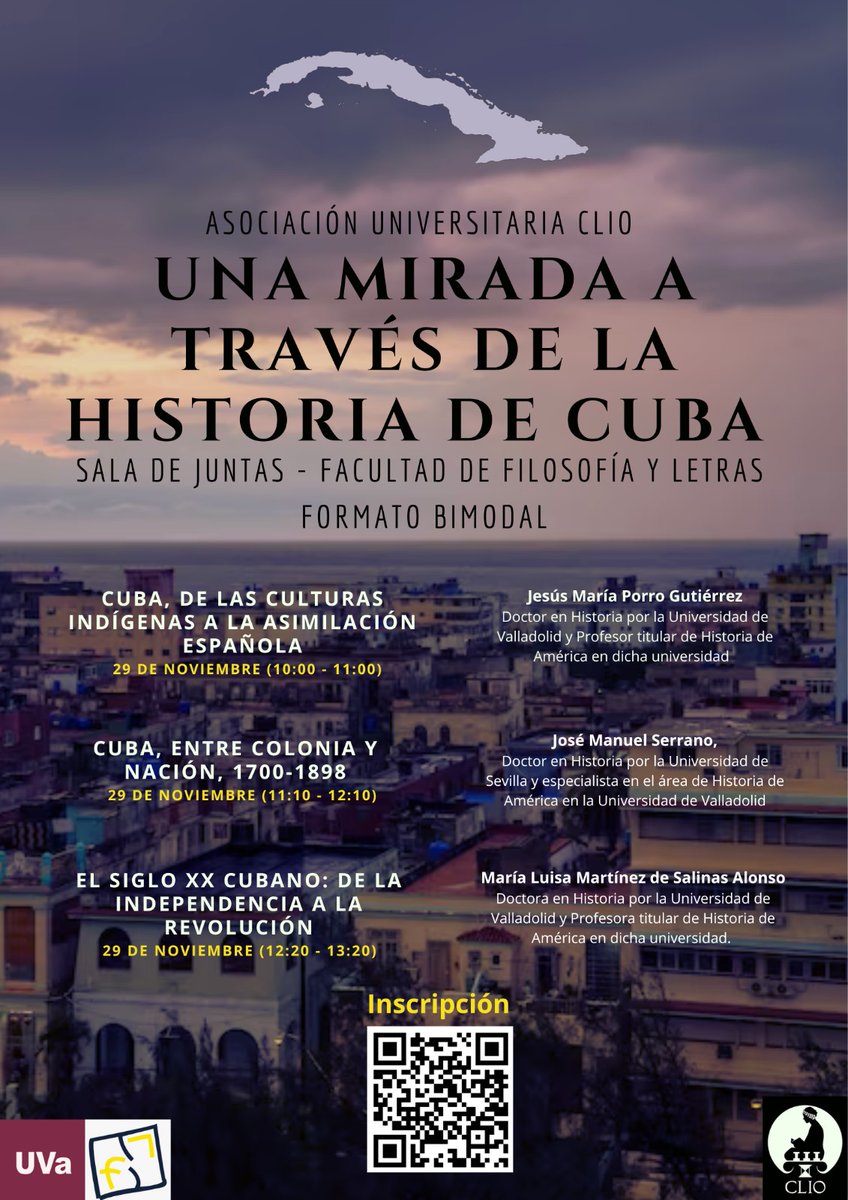 CLIO_Uva's tweet photo. Buenas tardes a todos, desde CLIO os queríamos informar sobre el ciclo de conferencias relativo a la historia de Cuba y su importancia en nuestra historia. Este se llevará a cabo el miércoles 29 de noviembre en la Sala de Juntas de la Facultad de Filosofía y Letras.
@FyL_UVa https://t.co/lpV7WG6ZPL