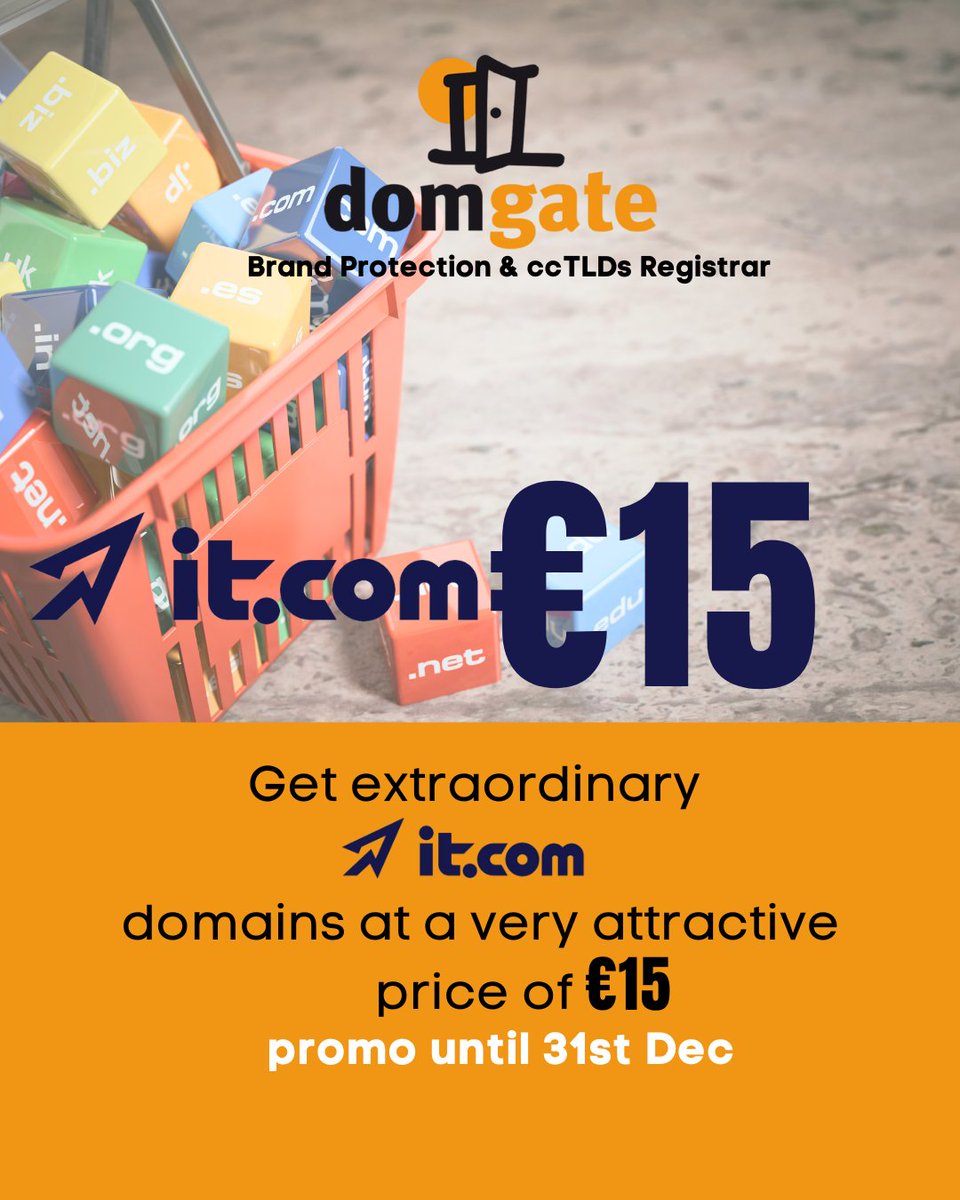 Domgate1's tweet photo. Domgate is an accredited registrar for .it.com!
Get extraordinary domains at a very attractive price of 15€ (only applies to non premium domains) promo until 31st of December 2023, and keep in mind renewal is not premium with https://t.co/4BbneAjvM9
#domainnames #cctlds https://t.co/iuUdh4drE8