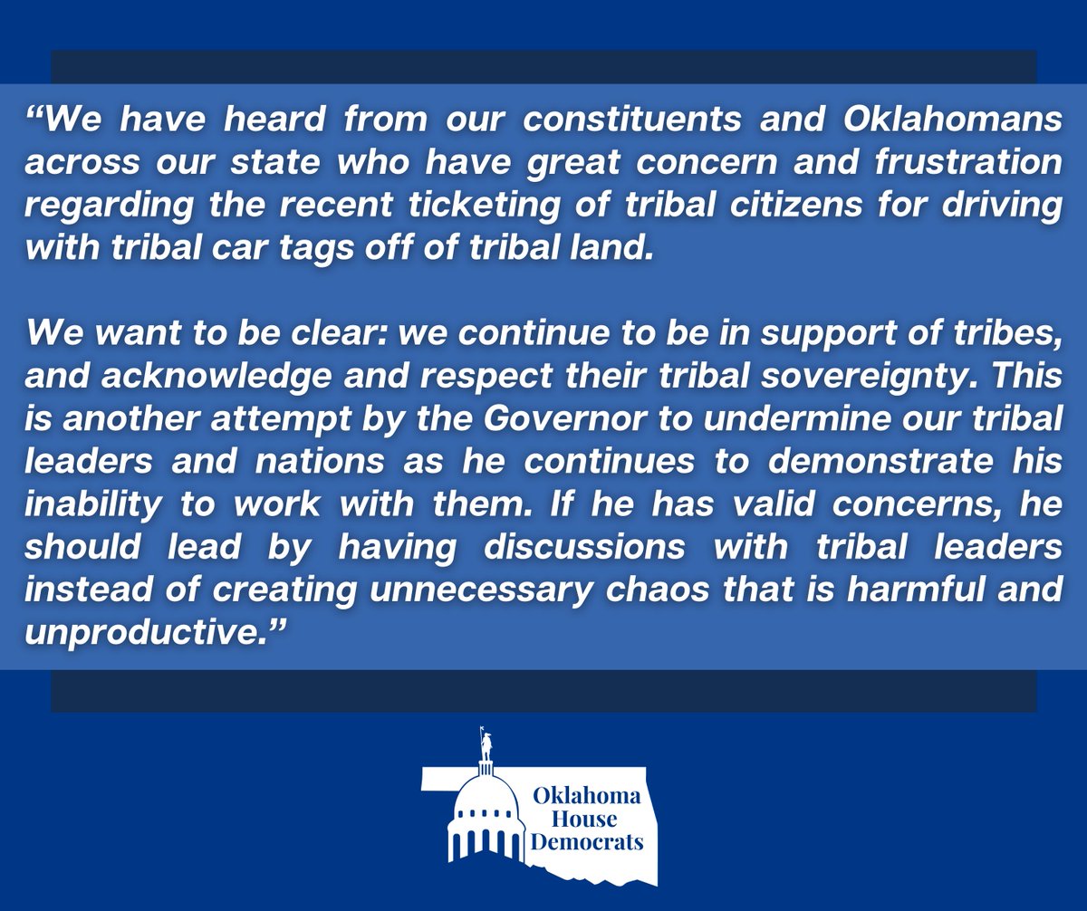 OklaHouseDems's tweet photo. House Democrats' statement on recent ticketing of Tribal Citizens https://t.co/fYH59u7IqZ