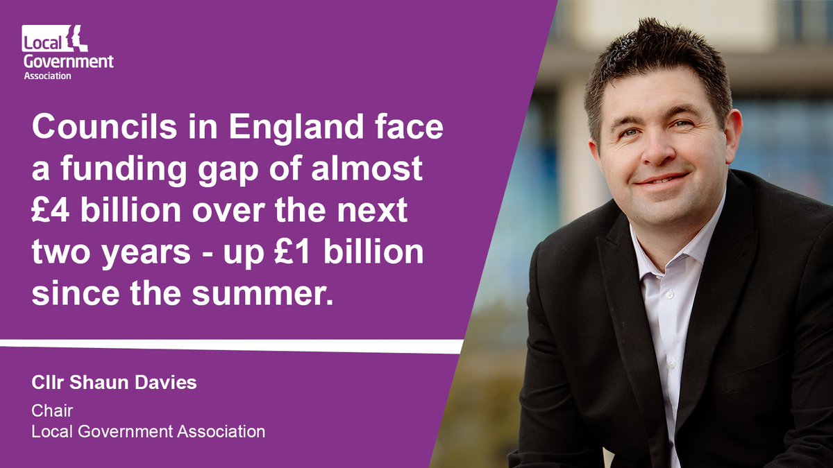 Severe funding and demand pressures mean council finances are under pressure like never before. Our analysis shows that councils in England face a funding gap of almost £4 billion over the next two years - up £1 billion since the summer. 1/2