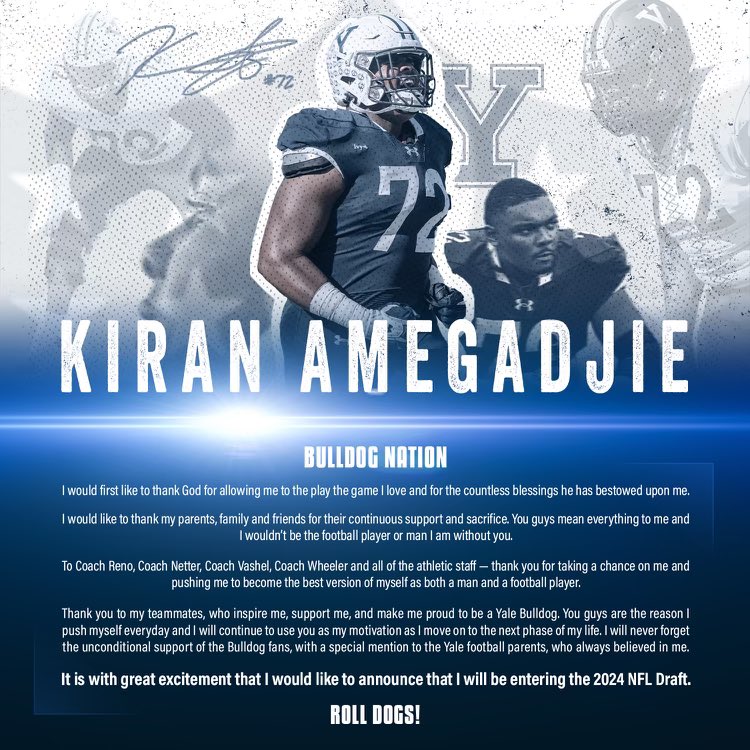 #Yale OL Kiran Amegadjie, one of the better O-line prospects in college football — and definitely one of the most intriguing — has announced his intentions to enter the NFL Draft. Yes, a Yale(!) OL. Statement: