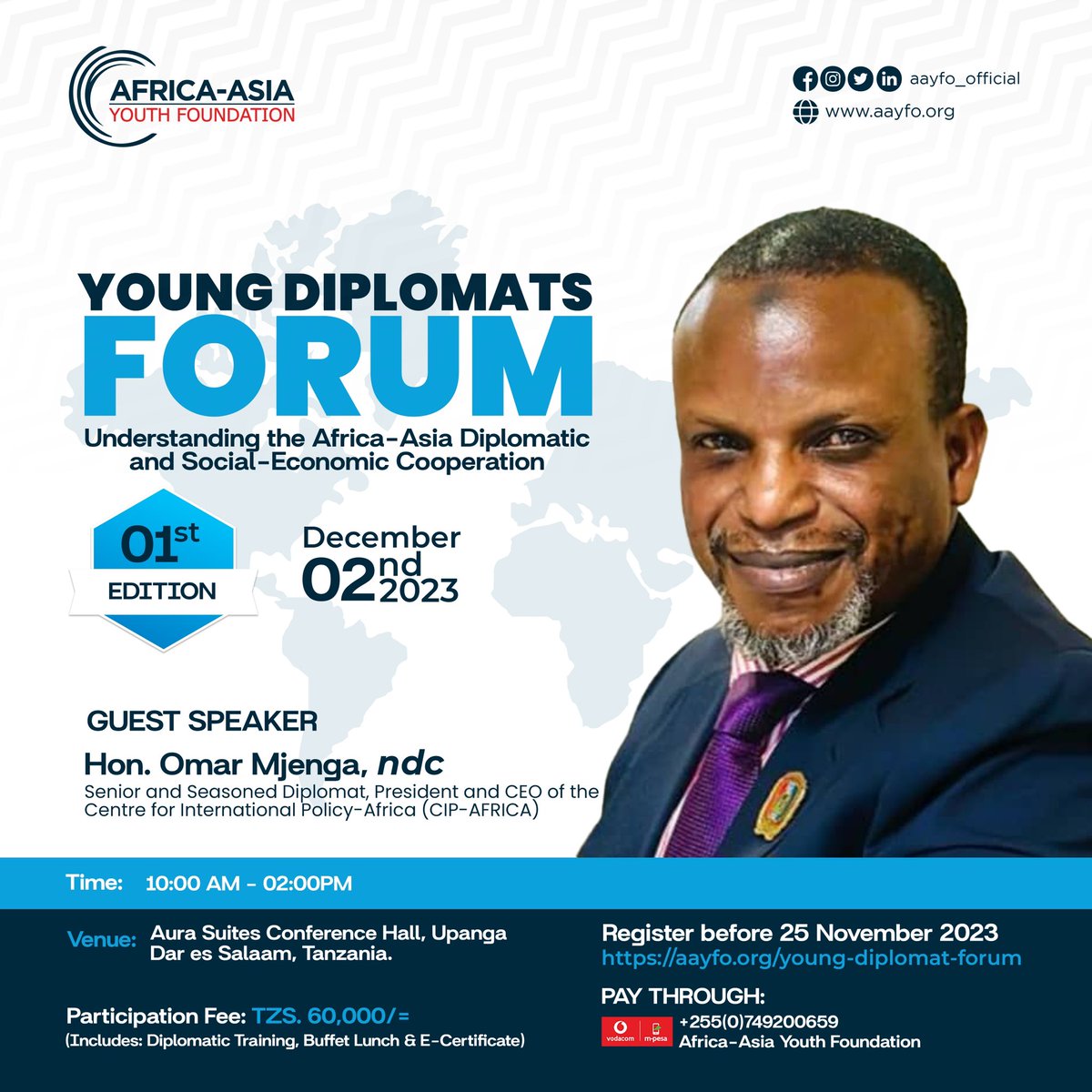 aayfo_official's tweet photo. Hon. @Mjengaomar C.E.O of C.I.P Africa, will be joining us as our guest speaker on the 1st Edition of Young Diplomats Forum, December 2nd, 2023 as we reflect the diplomatic and social-economic cooperation between Africa and Asia.
#AAYFO #YoungDiplomatsForum #YDF #AfroAsia https://t.co/XZrEGbp2Dx