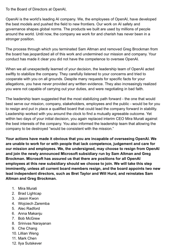 runnet's tweet photo. Over 500 OpenAI employees demand the resignation of the entire board following the surprising dismissal of CEO Sam Altman. They threaten to leave for Microsoft's new AI division, led by Altman, if their demands aren't met. A pivotal moment for the AI leader https://t.co/lsD3g0gazs