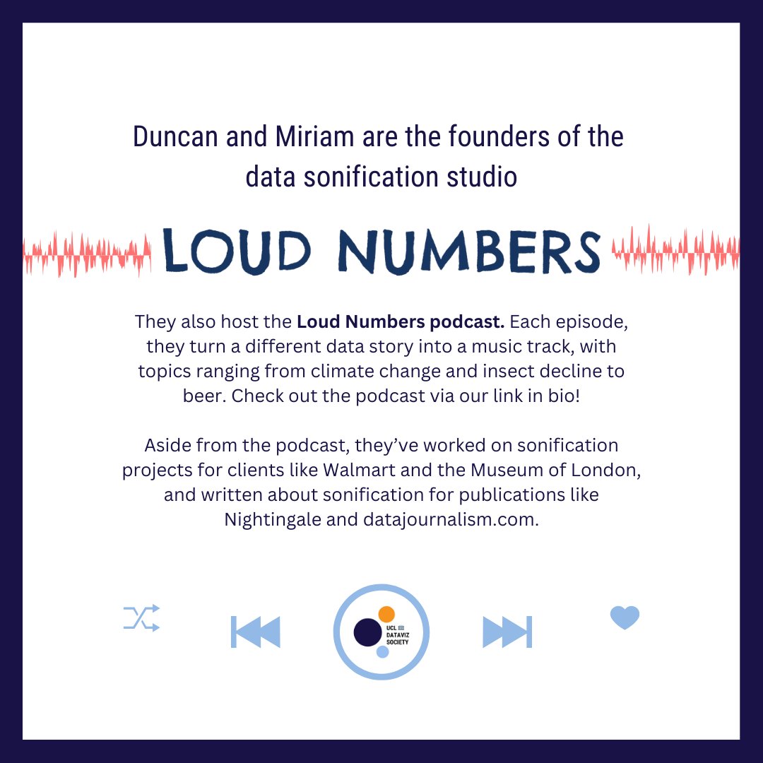 UCL Data Visualisation Society (@ucldataviz) on Twitter photo Join us and <a href="/loudnumbers/">Loud Numbers</a> online from 4 to 5 pm on Monday, November 27th, for a fascinating talk on the what, why, and how of data sonification! Register here: forms.gle/vBy9L4ujEnhKsk…
#Data #Music #DataSonification #Sound #Audio #DataStorytelling #InformationDesign #Communication Join us and <a href="/loudnumbers/">Loud Numbers</a> online from 4 to 5 pm on Monday, November 27th, for a fascinating talk on the what, why, and how of data sonification! Register here: forms.gle/vBy9L4ujEnhKsk…
#Data #Music #DataSonification #Sound #Audio #DataStorytelling #InformationDesign #Communication