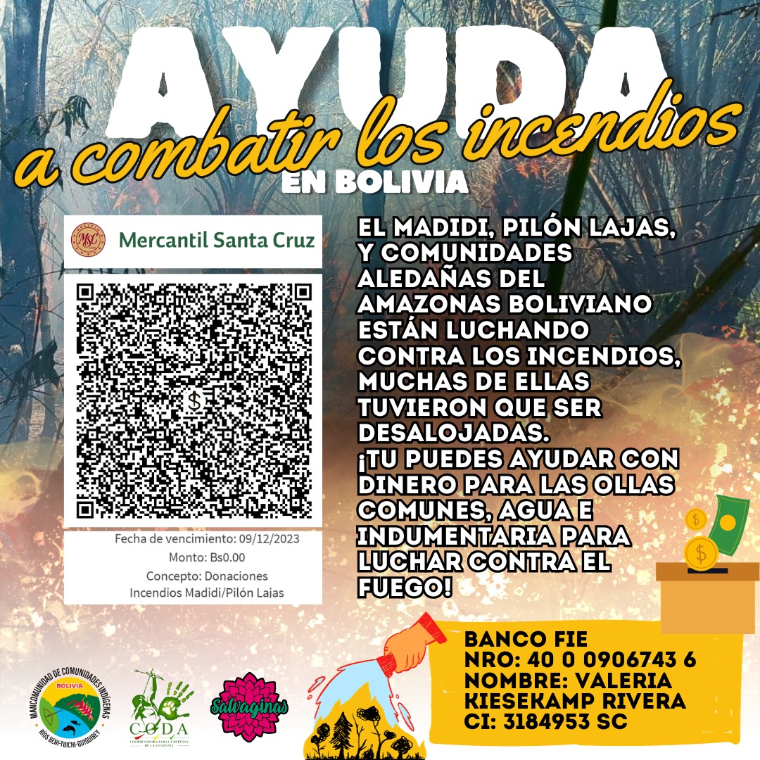 Súmate a esta campaña p ayudar con dinero para las ollas comunes, agua e indumentarias para combatir los incendios en Rurrenabaque y Sanbuenvaventura.
Gestionan la campaña: la Mancomunidad de Comunidades Indígenas de los Ríos Beni, Tuichi y Quiquibey, el CODA Rurre y <a href="/Salvaginass/">Salvaginas</a>