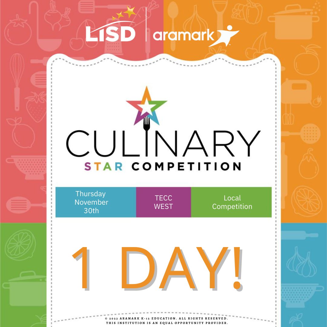 LISDNutrition's tweet photo. Tomorrow is the big Culinary Star
competition at TECC West!
Be sure to wish our culinary students good luck. The
winning team from this local competition will be headed
to Houston in 2024 for a shot at the state title and a
scholarship!
#aramarkstudentnutrition #culinarystar https://t.co/M77Gygw0gg
