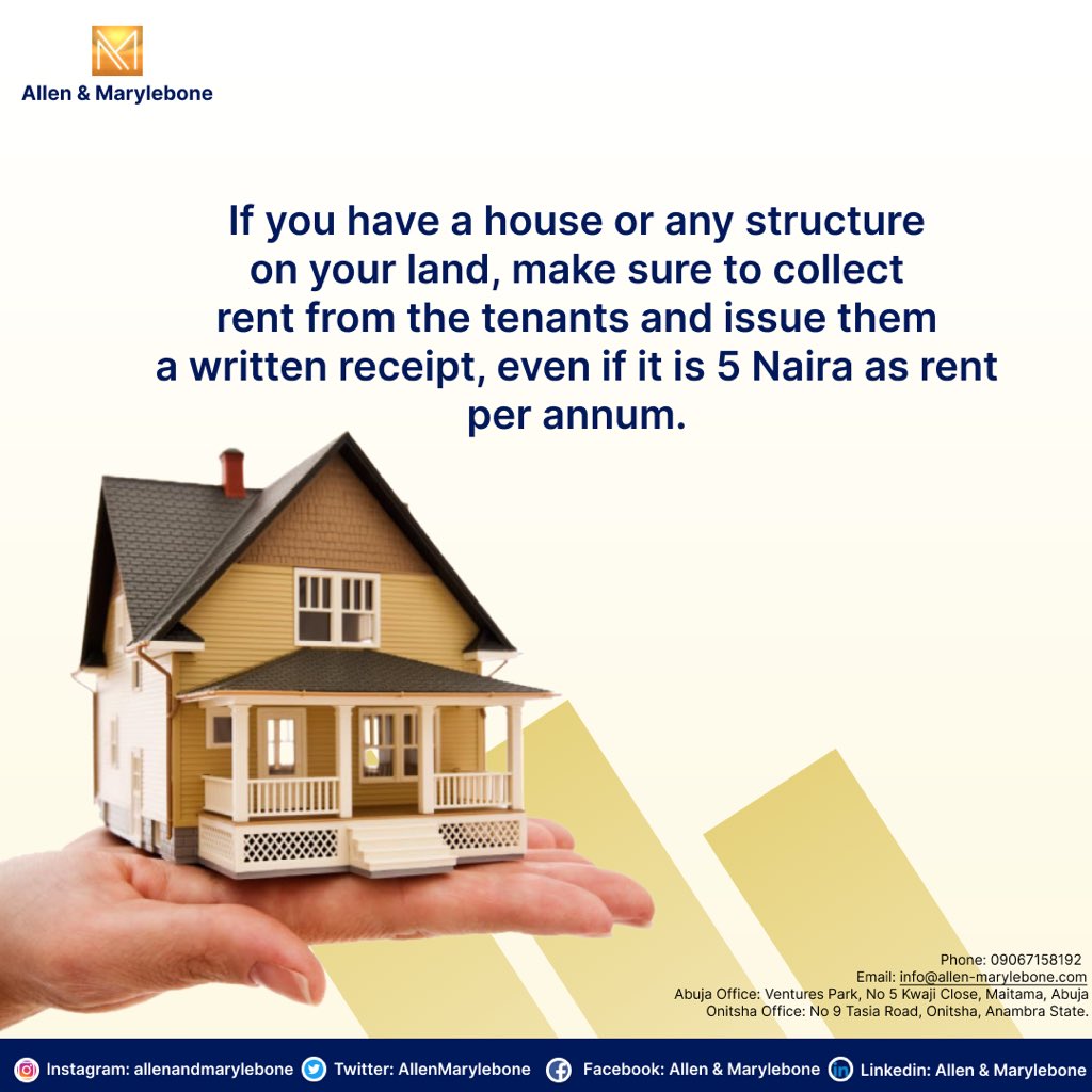 AllenMarylebone's tweet photo. 3. If you have a house or any structure on your land, make sure to collect rent from the tenants and issue them a written receipt, even if it is 5 Naira as rent per annum. https://t.co/7Lv8tRXzmO