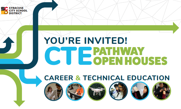 Attention, MS Families: don't miss our @SCSDCTE open houses! @PSLAatFowler 11/28, @syracuseITC 11/29, @HenningerSCSD 11/30, @NottinghamSCSD 12/5 & @CorcoranCougars 12/6. All open houses will be held from 5:30 - 7:00 pm. Learn more at syracusecityschools.com/cte!