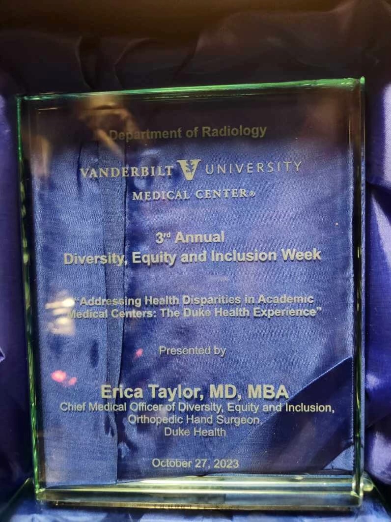 I was honored to give the closing presentation during VUMC's DEI Week! My lecture addressed health disparities in academic medical centers. Thank you @VUMCDiscoveries Department of Radiology for the beautiful commemorative plaque! #dei #orthopaedics #leadership