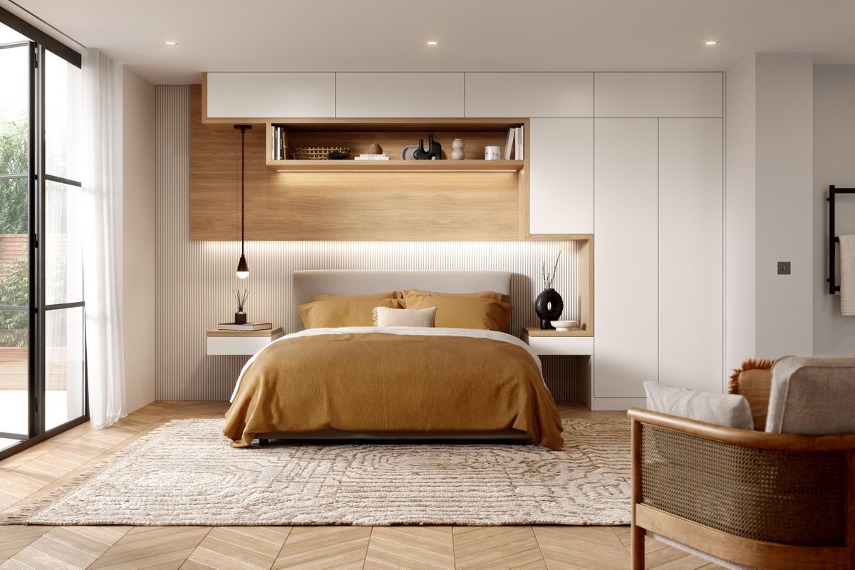 PikcellsUK's tweet image. Our client's white #handleless #cabinetry creates a modern-scandi vibe, while the addition of chunky wood panels brings in a touch of organic charm. Our #CGI team has done a brilliant job here recreating #furniture, #bedding &amp;amp; props with flawless precision pikcells.com/cgi/bedroom-cgi