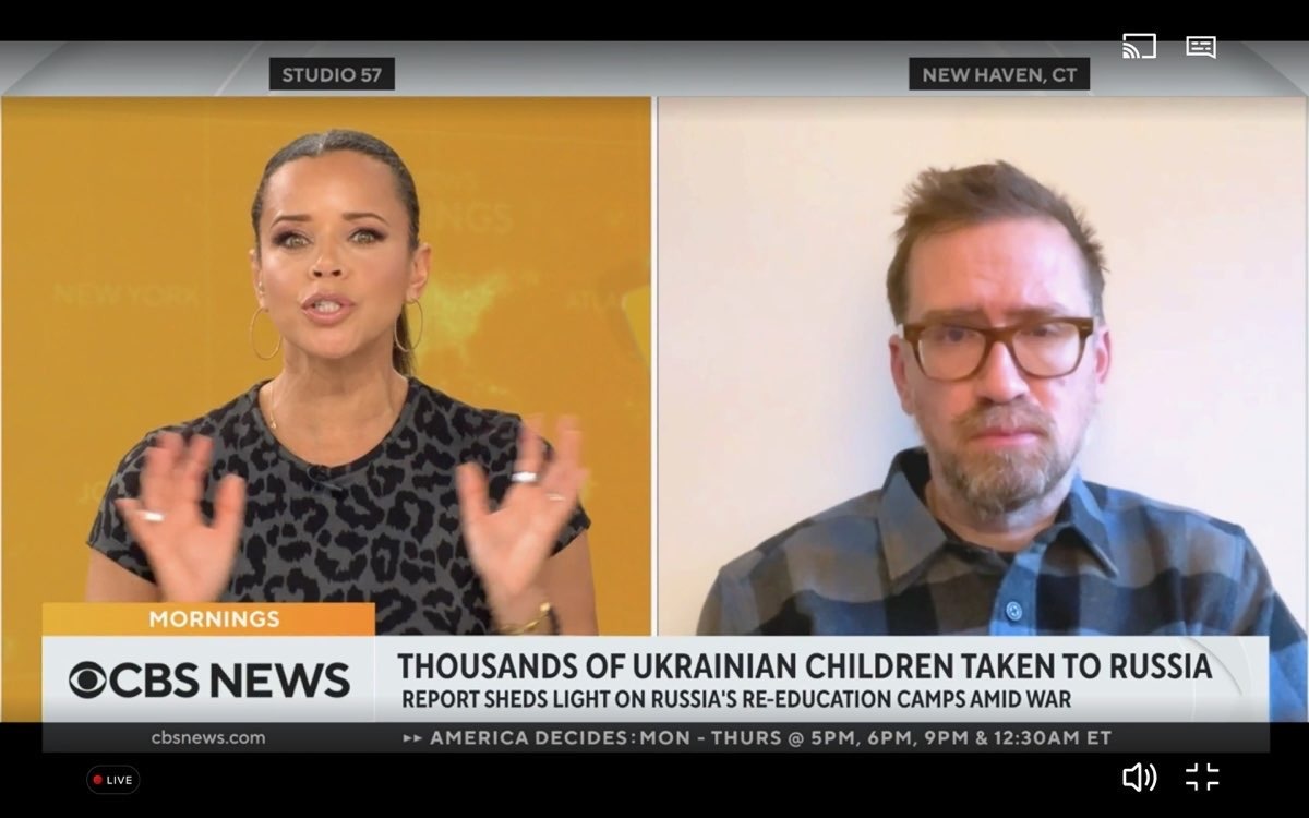 HRL_YaleSPH's tweet photo. Our @HRL_YaleSPH @YaleSPH Exec. Director @nattyray11 was on @CBSMornings talking about last night's @60Minutes story about Russia taking Ukraine’s children. 

We were honored to support reporting for @60Minutes https://t.co/FulLw8bPfe