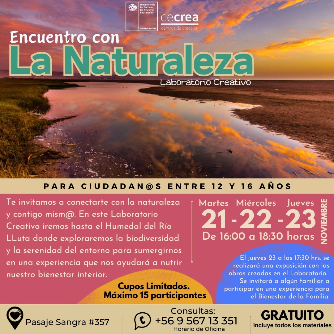 Ya puedes inscribirte en este laboratorio que será una experiencia única y muy personal
✨Para participar pincha este link 🔗 👇 forms.gle/3917BuHLJkSnBF…
<a href="/Cultura_Arica/">SEREMI_Culturas_Arica</a>
<a href="/Cecrea_cultura/">Cecrea</a> 
<a href="/Kateryn_Garzon/">Kateryn Garzón</a> 
<a href="/VoceriaArica/">Vocería Arica</a> 
<a href="/RicardoSanzanaO/">Ricardo Sanzana O.</a>