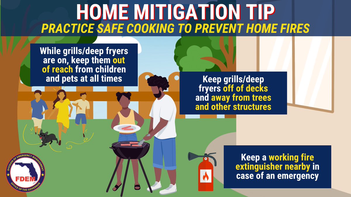 FLSERT's tweet photo. #MitigationMonday The holidays are for family &amp; fun, not fires! Remember to practice safe cooking - especially with grills &amp; deep fryers. 🔥 These may catch fire if used improperly.

Make sure to keep them off decks, away from trees &amp; other structures &amp; out of reach of children. https://t.co/prqMx4W6TV