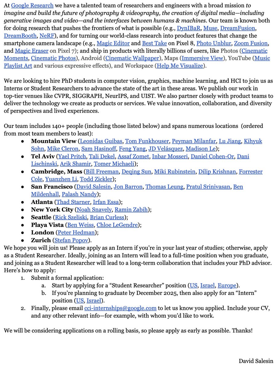 We're now accepting internship applications for summer 2024. Here's the call that my manager David Salesin just sent out for our "CCI" org, it should have all necessary links. If you wanna radiate fields with us, please apply! docs.google.com/document/d/1zk…