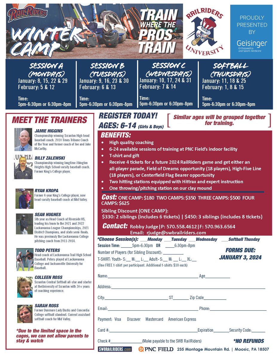 swbrailriders's tweet photo. Registration is OPEN for Winter @RailRidersU Camps!

Sessions run from January 8 through February 15, 2024, in our premium indoor facilities for children ages 6-14. Parents: Include this $180 camp as a stocking stuffer or present under the tree this holiday season!

➡️ Contact Rob at rjudge@swbrailriders.com or 570-558-4612 to sign up.
