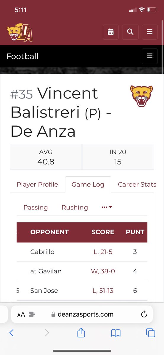 vinbali23's tweet photo. As of Friday, I was 2nd in CA juco for punt average on the season! I also had an inside the 20 percent of 41%! @ThePuntFactory @Br0ckMiller @trlong02 https://t.co/JiZreE9a3P