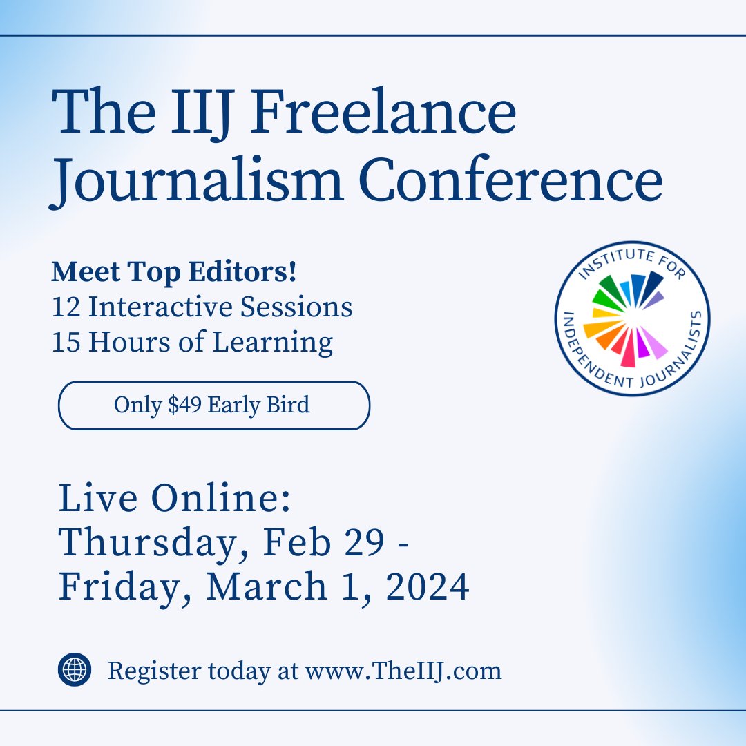 We’re excited to announce the preliminary schedule for #theiij 2024 freelance journalism conference! Register today at our early bird price of just $49 to attend 12 interactive sessions, delivering 15 hours of learning. Secure your spot today: theiij.com/2024-conf