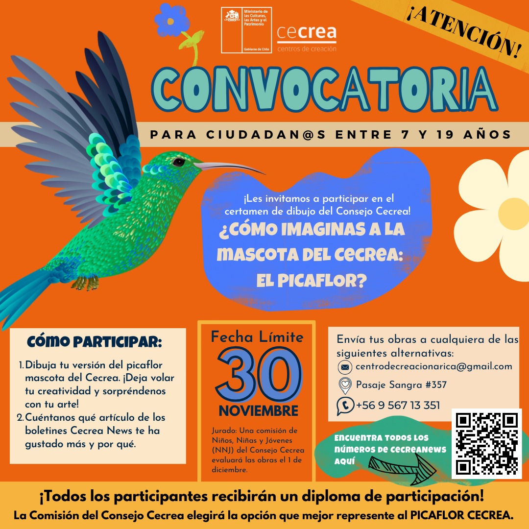 Necesitamos darle vida a la mascota del Cecrea, que es el Picaflor, y para ello necesitamos de la ayuda de ustedes.Les pedimos que nos den sus ideas y participen para que podamos hacer realidad esta gran misión 🙏🏽
<a href="/Cecrea_cultura/">Cecrea</a> <a href="/Cultura_Arica/">SEREMI_Culturas_Arica</a> <a href="/Kateryn_Garzon/">Kateryn Garzón</a> <a href="/INJUV_XV/">INJUV XV</a>