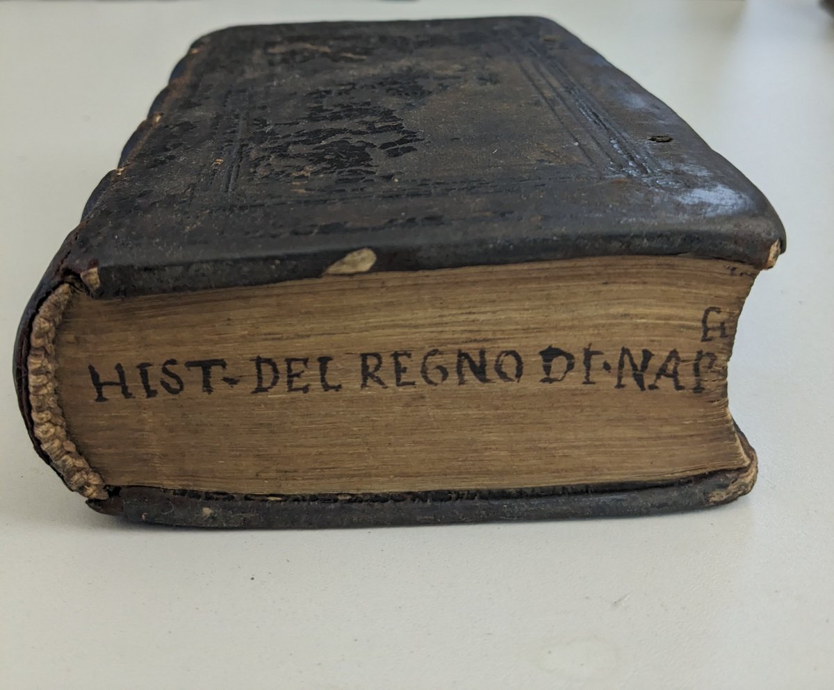 Nothing more annoying than not getting your spacing quite right! This volume on the history of the kingdom of Naples printed in 1563, was shelved flat at some stage, hence the title on the tail-edge. It has been (upright) on our shelves since 1707 #RareBooks #edges #bindings