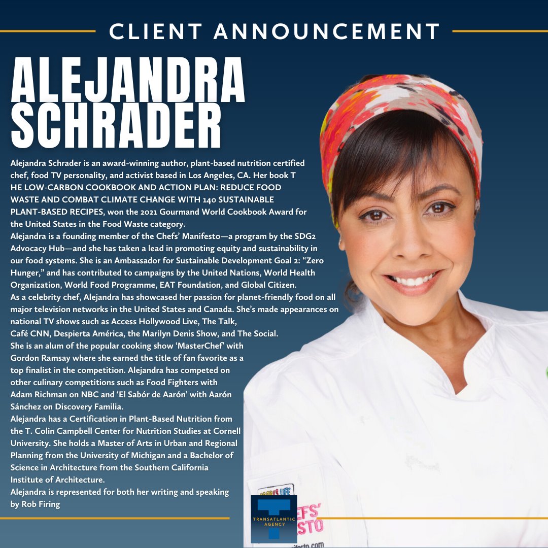 Transatlantic extends a warm welcome to Alejandra Schrader! @ChefAleSchrader is repped by Rob Firing. Learn more: bit.ly/47mwAm7