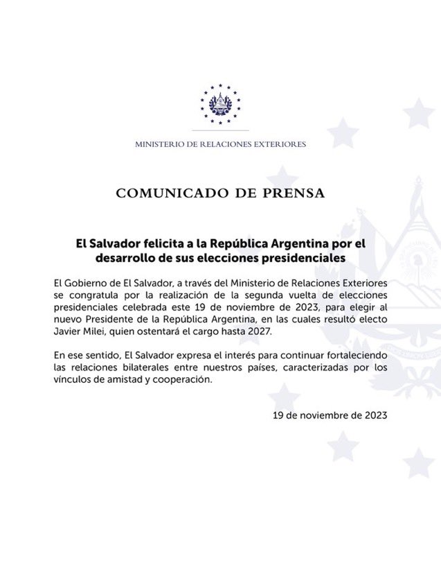 🇸🇻🇦🇷 | El gobierno de Nayib Bukele (<a href="/nayibbukele/">Nayib Bukele</a>) felicitó a <a href="/JMilei/">Javier Milei</a> por su victoria y se confirma que estará presente en la asunción presidencial.