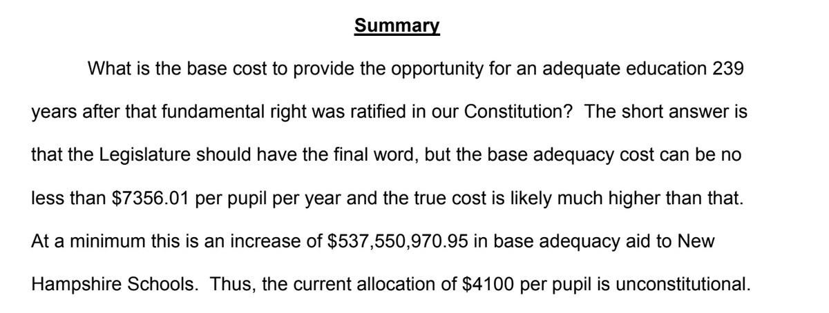 edewittNH's tweet photo. BREAKING: Two huge education funding rulings from Rock. County Sup. Court.

1) Court finds the $4100 base adequacy unconstitutional – says should be no less than $7356 per year.

2) Court finds SWEPT tax unconstitutional. Orders an end to towns retaining excess SWEPT. #NHPolitics https://t.co/JWL7xfue6X