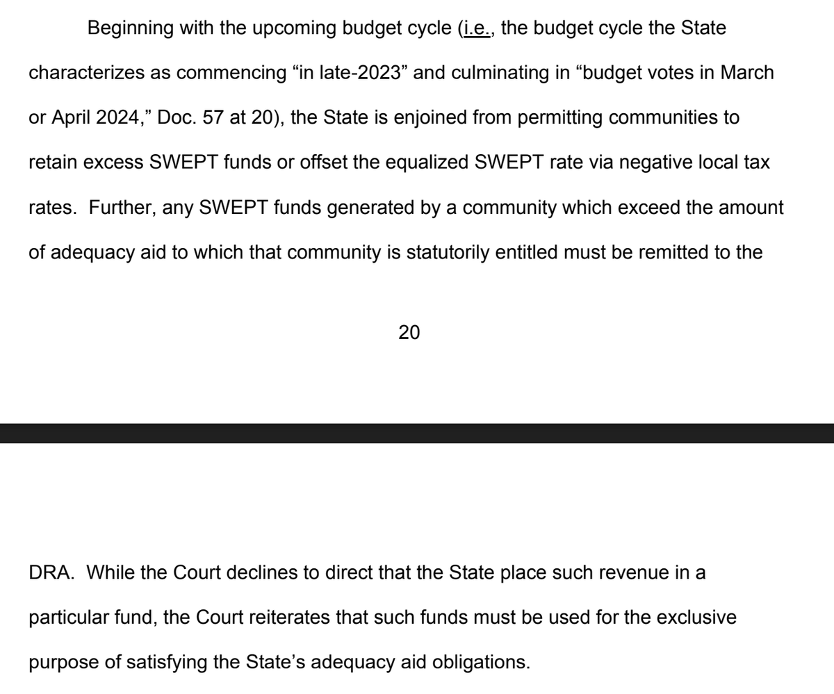 edewittNH's tweet photo. BREAKING: Two huge education funding rulings from Rock. County Sup. Court.

1) Court finds the $4100 base adequacy unconstitutional – says should be no less than $7356 per year.

2) Court finds SWEPT tax unconstitutional. Orders an end to towns retaining excess SWEPT. #NHPolitics https://t.co/JWL7xfue6X