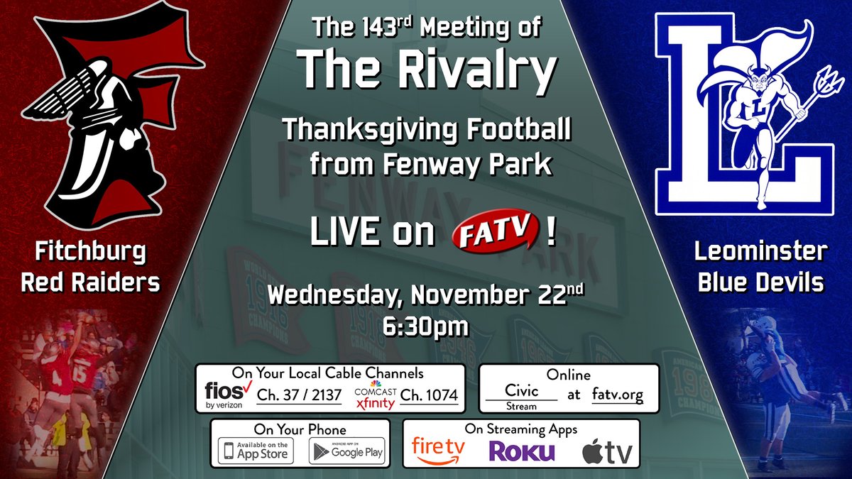 Thanksgiving Football live this Wednesday at 6pm on FATV in HD on Comcast/Xfinity Ch 1074 &amp; Verizon/Fios Ch 2137 &amp; Ch 37 Streaming at live.fatv.org/civic <a href="/FitchburgAD/">Fitchburg Athletics</a> <a href="/LeomAthletics/">Leominster Athletics</a> <a href="/LeominsterHigh/">Leominster High</a> <a href="/FitchburgPS/">Fitchburg Public Schools</a>