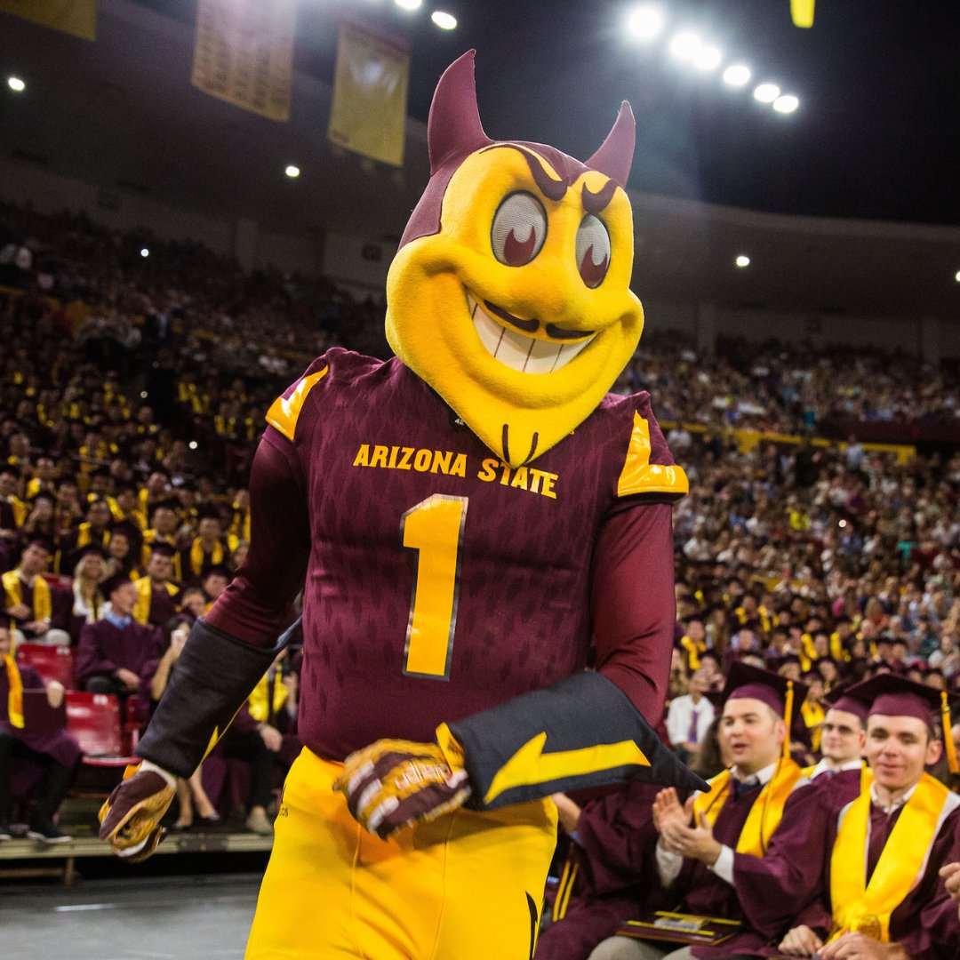 ASU's tweet photo. 🧵Thread: 
We are wishing a very happy birthday to Sparky the Sun Devil, a mascot with a backstory that comes straight out of a fairytale! 🎉

(1/4) https://t.co/o6HRFcboFS